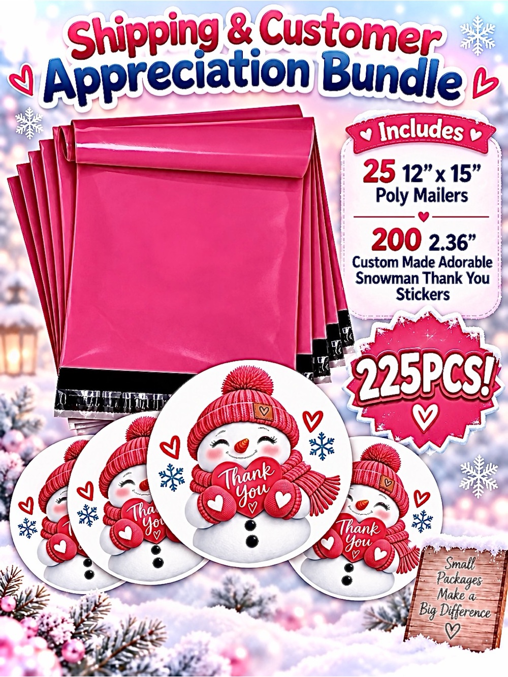 225PC Bundle~ 25 12”x15” Poly Mailers & 200 2.36” Stickers